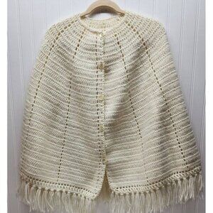 Handmade Wool Blend Crochet Cape With Fringe Trim & Button Closure